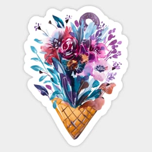 Summer Flowers Bouquet in ice Cream cone, handmade watercolor Sticker